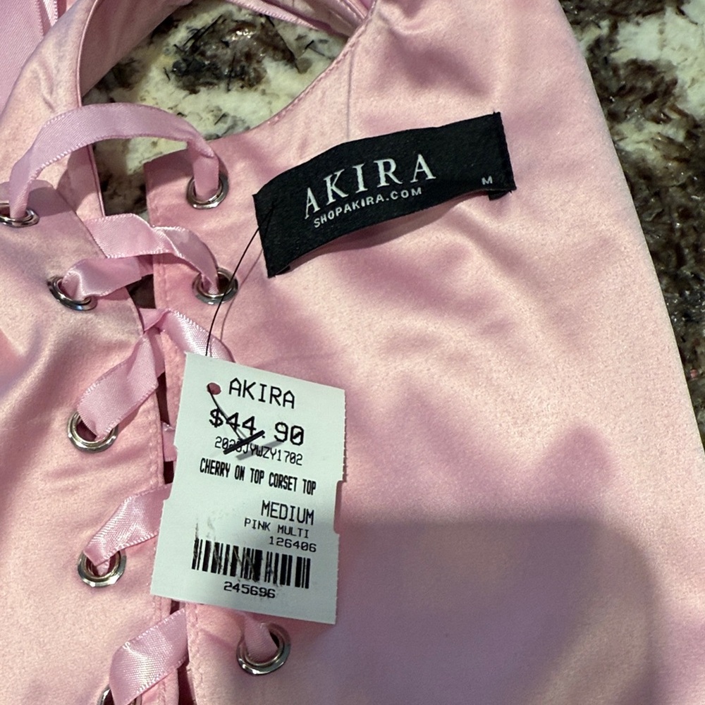 AKIRA Pink Satin Crop Top with Cherry Embellishments - Picture 6 of 6